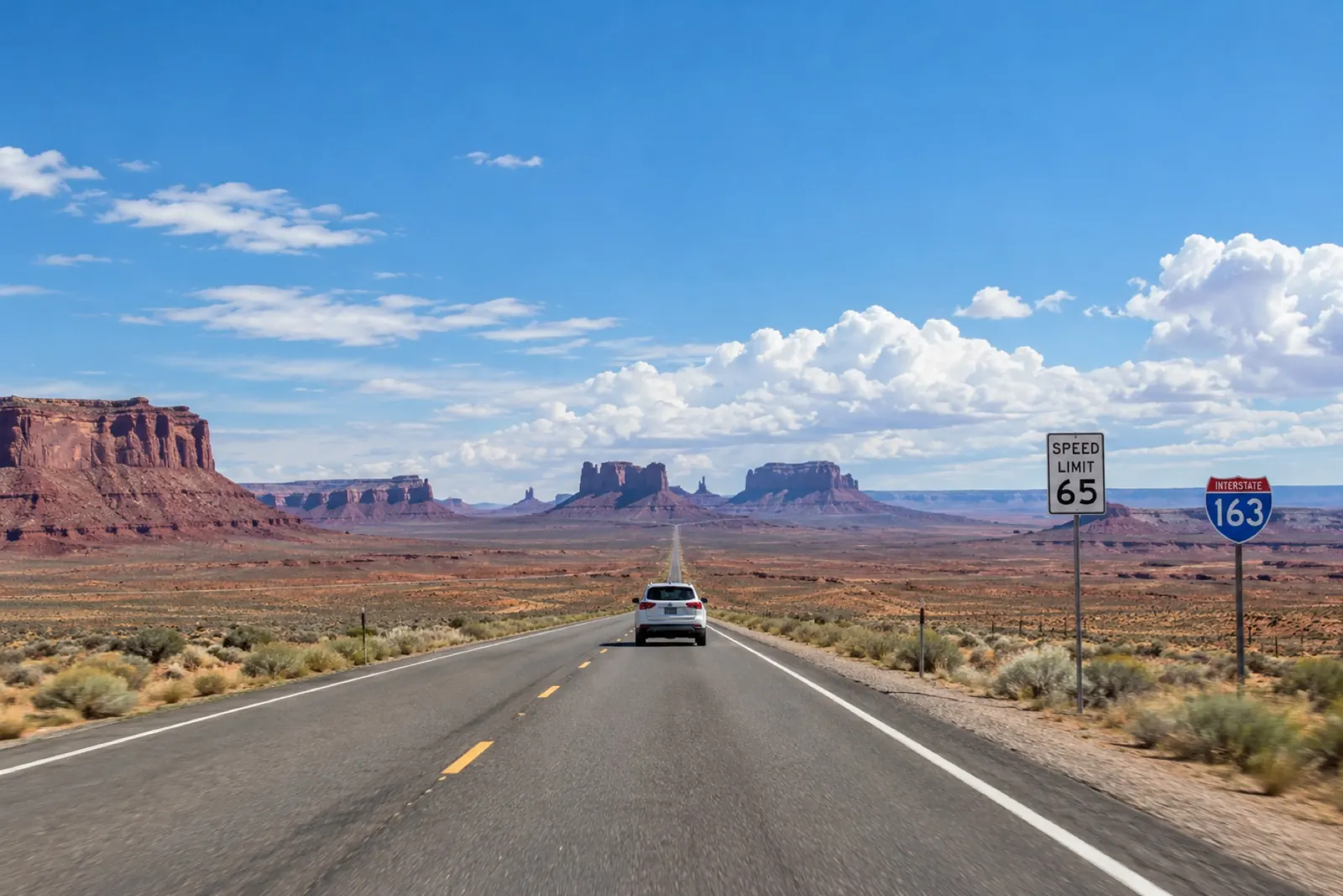 Carretera recta en el oeste de Estados Unidos con un coche de alquiler a lo lejos