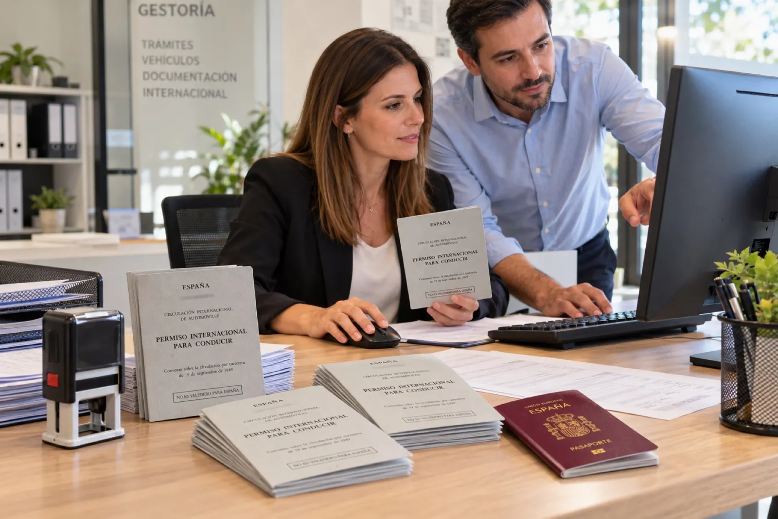 Equipo de gestoría revisando permisos internacionales