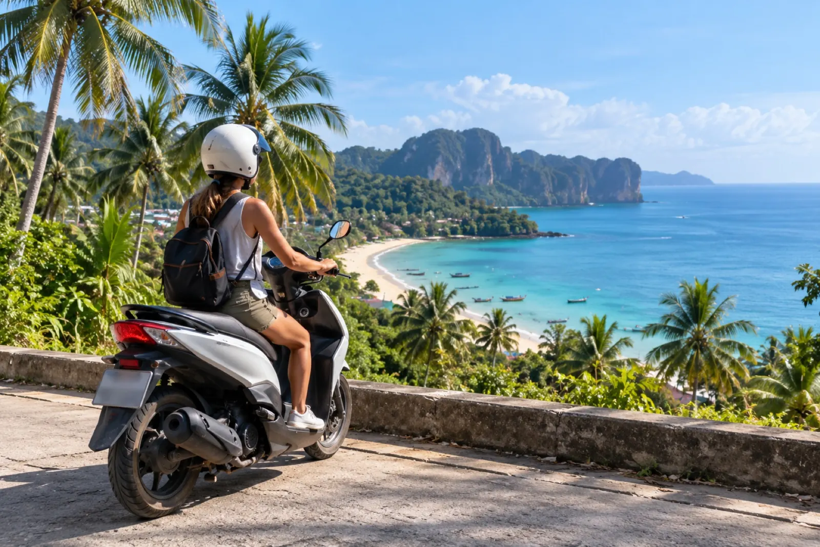 Viajera en scooter frente a una playa del sureste asiático
